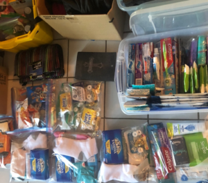Pictures of supplies kept in a ministry vehicle-Our friends are given what they need to help survive on the street. If they have a special request for boots, or children’s clothing, we will go to our cash donations and purchase them.