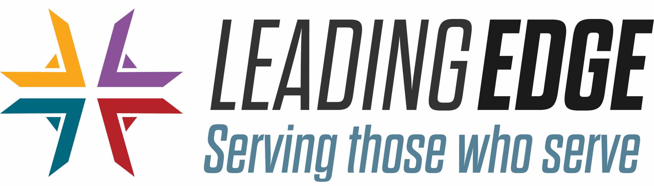 Leading Edge logo with colorful star and tagline 'Serving those who serve'.