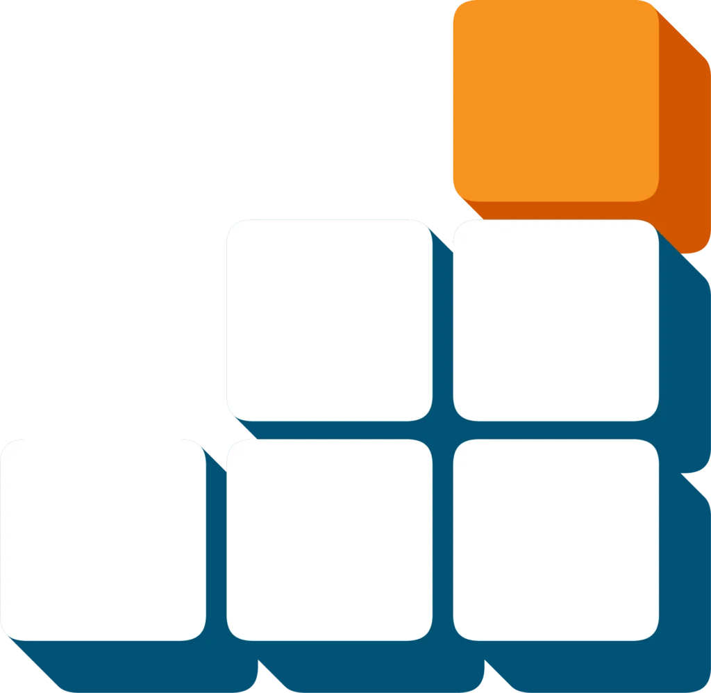 Five white squares with one orange square at top right