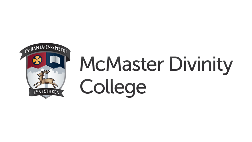 McMaster Divinity College logo with crest showing stag, book, flower, and Greek motto