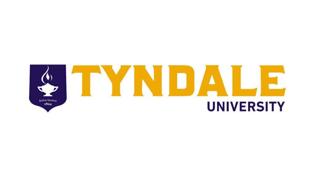 Tyndale University logo with gold wordmark and purple shield crest featuring a lamp