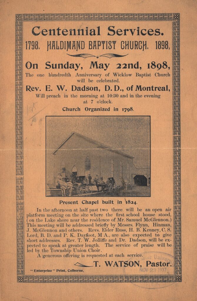 1898 poster for Wicklow Baptist Church centennial services at Haldimand Baptist Church, with chapel illustration.