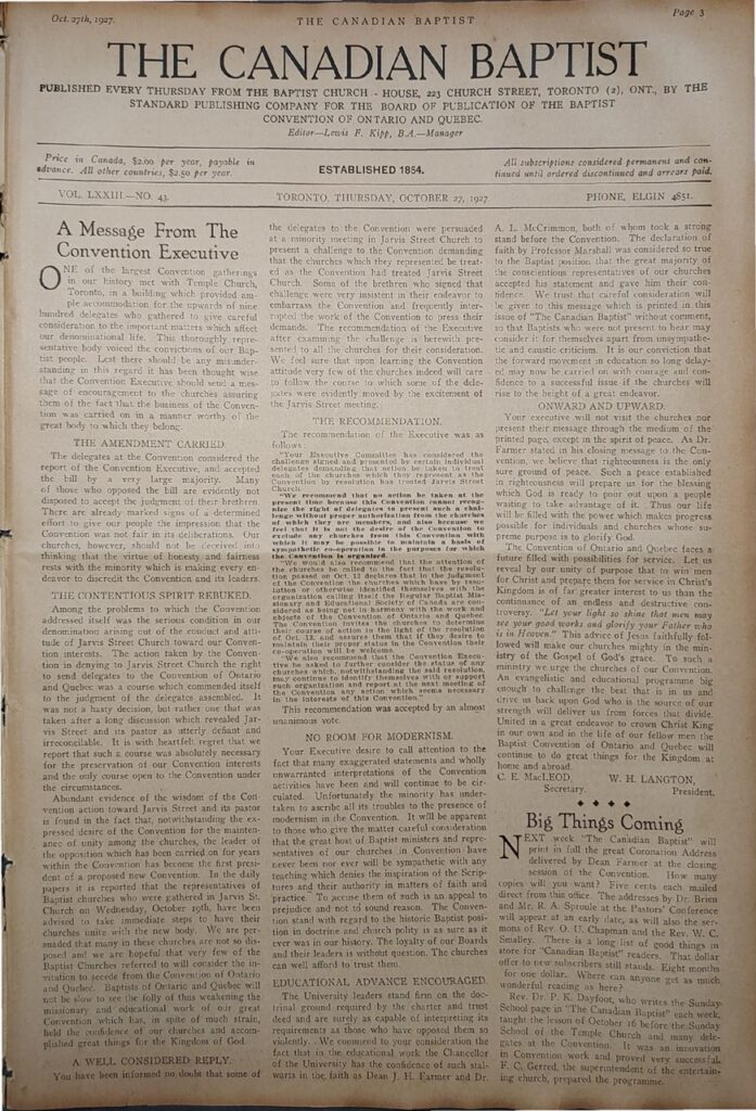 The Canadian Baptist newspaper page dated October 27, 1927, featuring convention news and announcements.