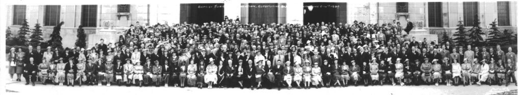 Large black-and-white 1939 Baptist Golden Jubilee group portrait outside a grand stone building