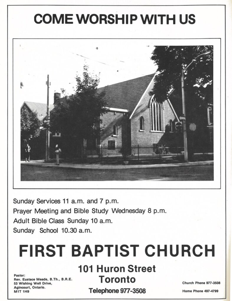Vintage flyer for First Baptist Church, Toronto, featuring a black and white photo of the building and service times.