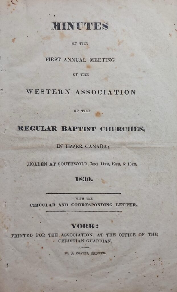 Title page of the 1830 Minutes of the Western Association of Regular Baptist Churches in Upper Canada.