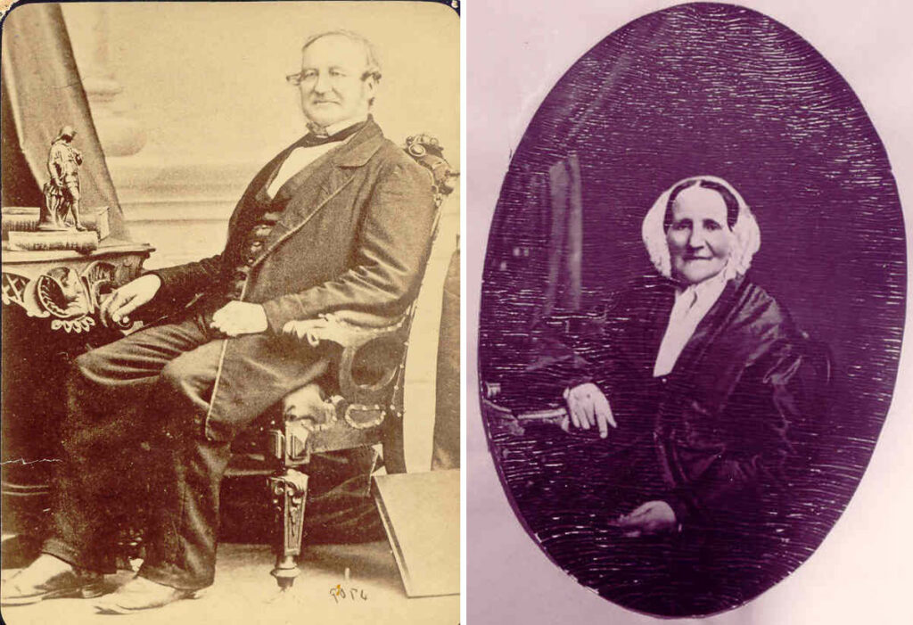Two side-by-side 19th-century portraits: seated man at ornate table and woman in bonnet.