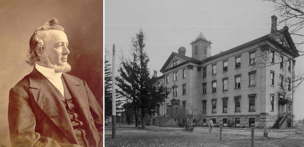 Split image of a 19th-century man's portrait and a historic multi-storey brick building with cupola.