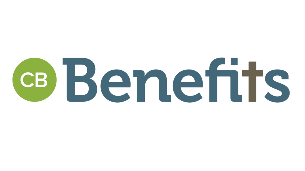 CB Benefits logo: blue wordmark with a green CB circle and a cross-shaped 't' letter.