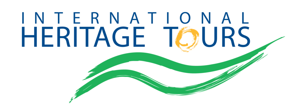 International Heritage Tours logo in blue, with a golden swirl O and green brushstroke waves