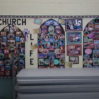 Church Life photo collage bulletin board with stacked tables